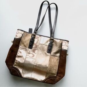Coach, brown leather and metallic gold handbag